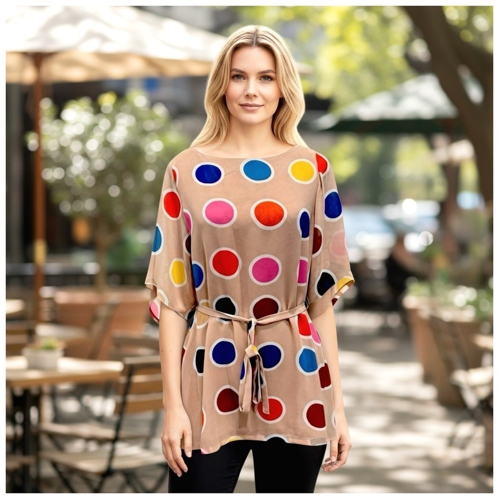 Joy Joy Women's Polka Dot Twist-Front Pleated Dress. Multi-Color. Medium - Picture 4 of 11